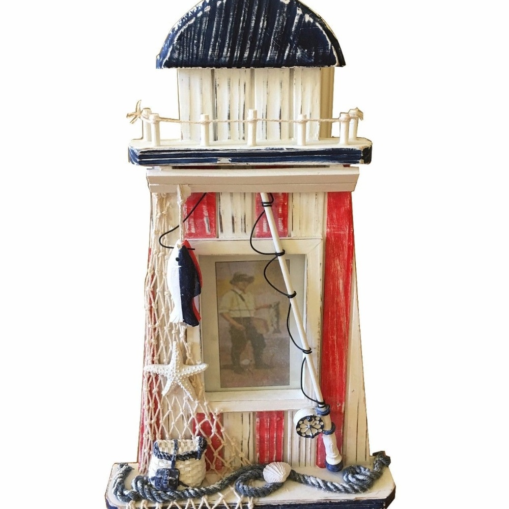 NWOT WOOD LIGHTHOUSE FISHING THEME PHOTO FRAME